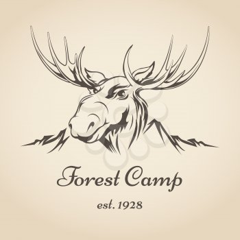 Forest camp or touristic company logo with moose head and mountain side draw in retro style