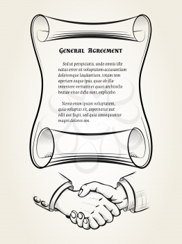 Illustartion of roll with place for text of agreement and handshake sign drawn in retro engraving style
