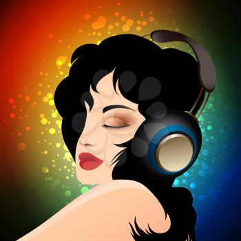 Beautiful woman listening to music with headphones against festive background.