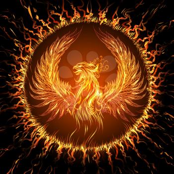 Phoenix in circular frame. Illustration in fantasy style.