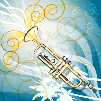 Illustration with trumpet  against  palm trees and wavy seaside background drawn with using halftone pattern