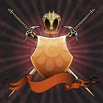 The shield with two swords, helmet and banner against dark red background with grunge pattern drawn in classic style