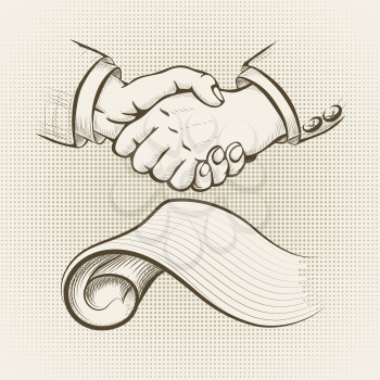 Illustration with handshake above signed agreement drawn in vintage style