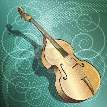 Illustration of double bass against swirls background drawn with using halftone pattern