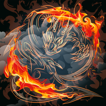 Illustration with dragon in a flame against night cloudy sky drawn in cartoon style