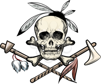 Illustration with skull with feathers against tomahawk and smoking pipe drawn in tattoo sketch style
