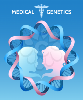 Medical genetics or Family medicine template. Silhouettes of couple and dna helix.