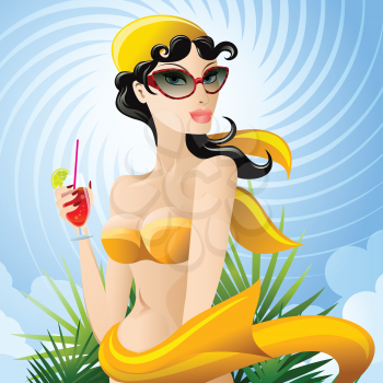 Illustration with young girl in beach clothes who holds a cocktail glass in hand against tropic background drawn in cartoon style