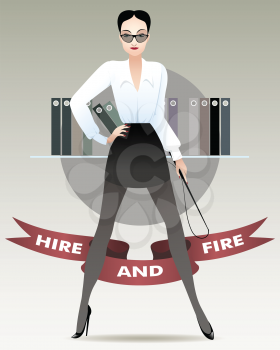 Humorous illustration of pretty personnel manager with a whip