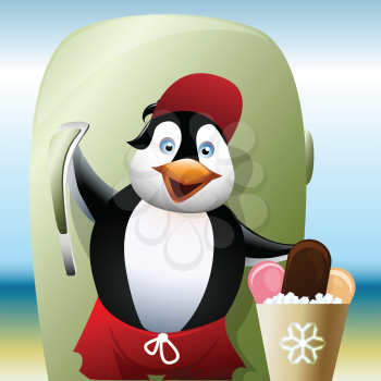 Funny illustration of little penguin who stays on a beach near a fridge and sells ice creams