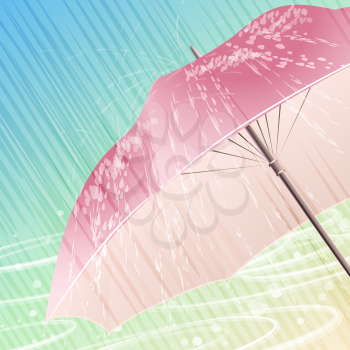 Illustration with open umbrella under spring heavy rain against festive light background