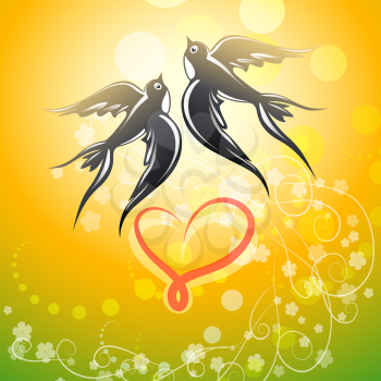 Romantic illustration with swallows and heart silhouette against festive colorful background.