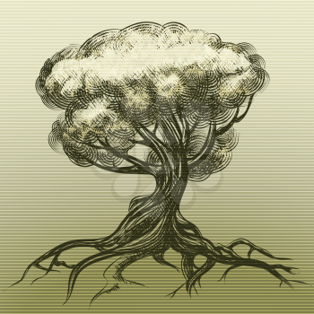 Illustration of tree as allegory of nature drawn in vintage ink style  