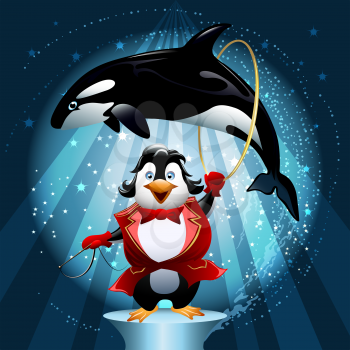 Illustration with penguin the tamer with a hoop in which jumps trained killer whale in front of circus show background drawn in cartoon style