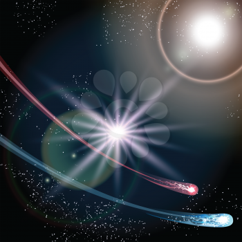 Illustration with two comets flying in deep space drawn in fantasy style