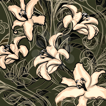 Illustration of blossoming wild lillies against dark background drawn in vintage graphic style