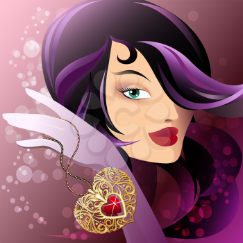 Illustration with young pretty woman who rocks golden pendant with heart inside, drawn in fantasy style