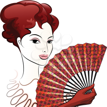 Illustration of beautiful woman in red gloves with a open fan