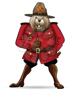 Illustration of smiling beaver in canadian panger uniform drawn in cartoon style
