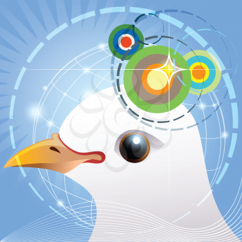 Illustration with bird head against colored circles and globe as allegory of animal magnetic navigation system