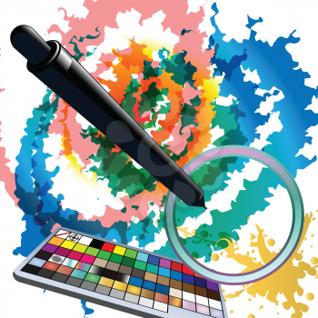 Illustration with tablet grip pen above digital sketch and illustrator swatches panel 