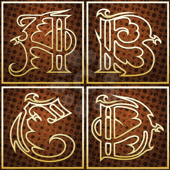 Capital letters set including A, B, C, D, drawn  in medieval engraving style with using dragon silhouettes 