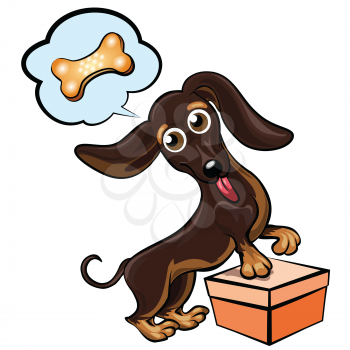 Funny illustration with dachshund dreaming about toy bone drawn in cartoon style