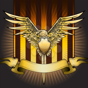 The shield with eagle, sword and banner against  red striped background with wavy pattern drawn in classic style