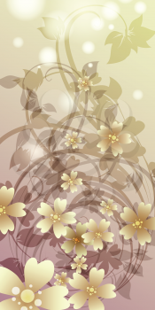 Illustration with flowers against floral swirls and bubbles drawn in fantasy style
