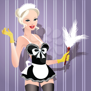 Illustration of  pretty woman in french maid uniform with feather broom in her hand drawn in vintage style