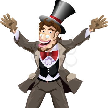 Illustration of joyful gentleman in a dress coat, a bow tie and the cylinder who meets best friend drawn in cartoon style