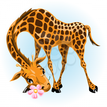 Funny illustration with giraffe and flower in his mouth drawn in children cartoon style