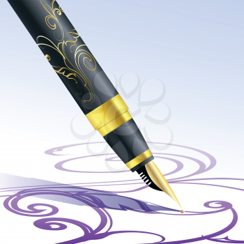 Illustration of pen in a process of swirls sketch as allegory of romantic mood drawn in realistic style