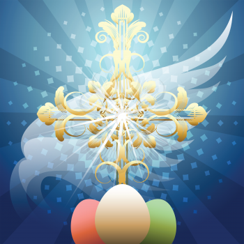 Illustration with ornate crucifix and easter eggs against blue background with sunbeams