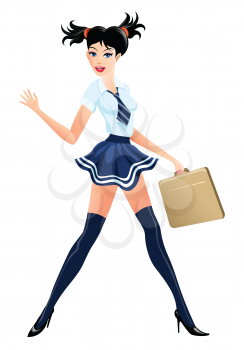 Illustration of  pretty young girl in high school uniform with brief case drawn in cartoon style