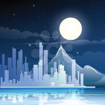 Illustration of modern city on a river against mountains and moon  in star midnight sky