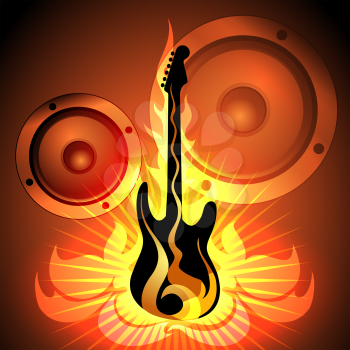 Illustration of flaming rock guitar against loudspeaker sound system