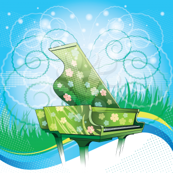 Illustration with grand piano covered by floral paintings against  festive nature background as metaphor of spring time drawn with using halftone pattern