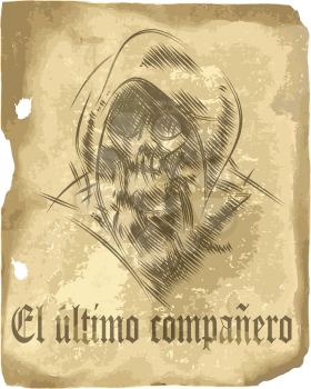 Illustration of ancient manuscript page with skull in a hood and gothic inscription drawn in vintage style