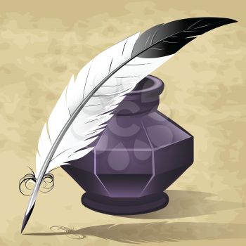 Illustration with quill pen and ink pot drawn in retro style