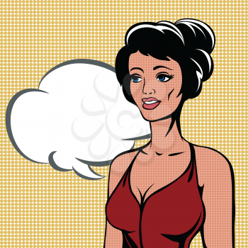 Illustration with talking woman against speech bubble drawn in vintage style with use halftone pattern