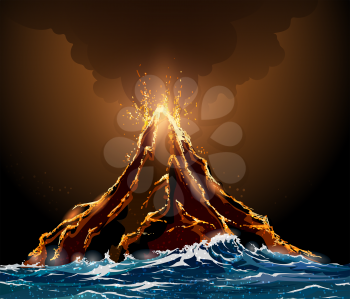 Eruption volcano island in the ocean. Lava flowing from the mountain against pillar of smoke.