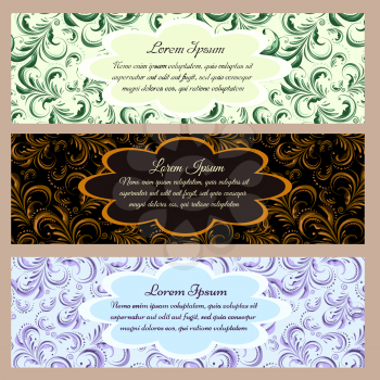 Vintage floral banners with text samples on seamless backgrounds. All seamless patterns saved as swatches in vector file.