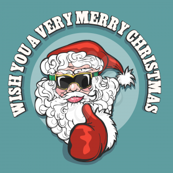 Cheerful Santa Claus in snowboarding glasses show thumb up gesture against wording Wish You a Very Merry Christmas. Vector illustration.