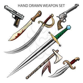 Set of hand drawn various weapon. Vector illustration.