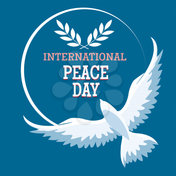 International Day of Peace Emblem. Greeting card with Flying Dove and wording on blue background.