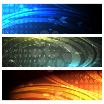 Abstract banners set with image of speed motion blur over dark background. Science, futuristic, energy technology concept for web banner template or brochure design. Vector illustration. 