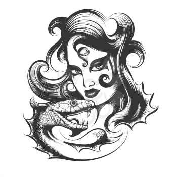 Hand drawn Woman head with snake Isolated on white background.Tattoo art vector illustration.