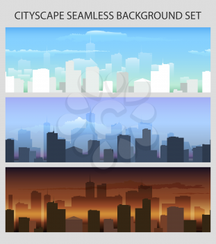 Sunrise, dawn and day cityscape seamless horizontal backround set. Vector illustration