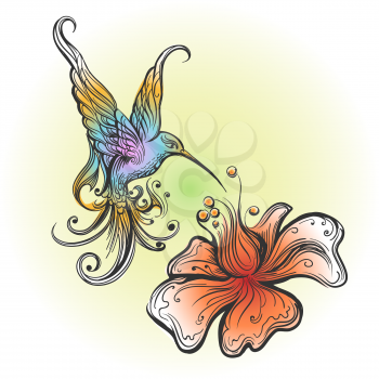 Flying Hummingbird sipping nectar from flower drawn in tattoo style. Vector illustration